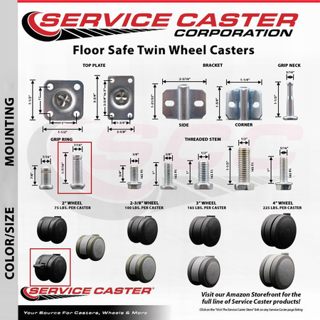 Service Caster 2'' Black Floor Safe Twin Wheel Casters with Brakes 7/16 Grip Ring Stem, 4PK SCC-GR02S50-TPR-BLK-B-716176-4